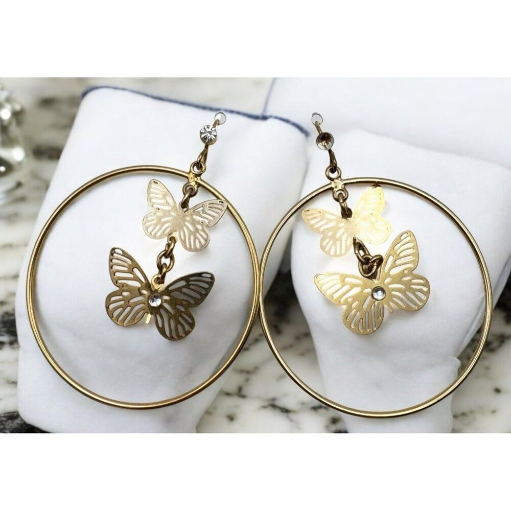 Butterfly Dangle Hoop Earrings Gold Tone with Rhinestone Accent Nature Boho